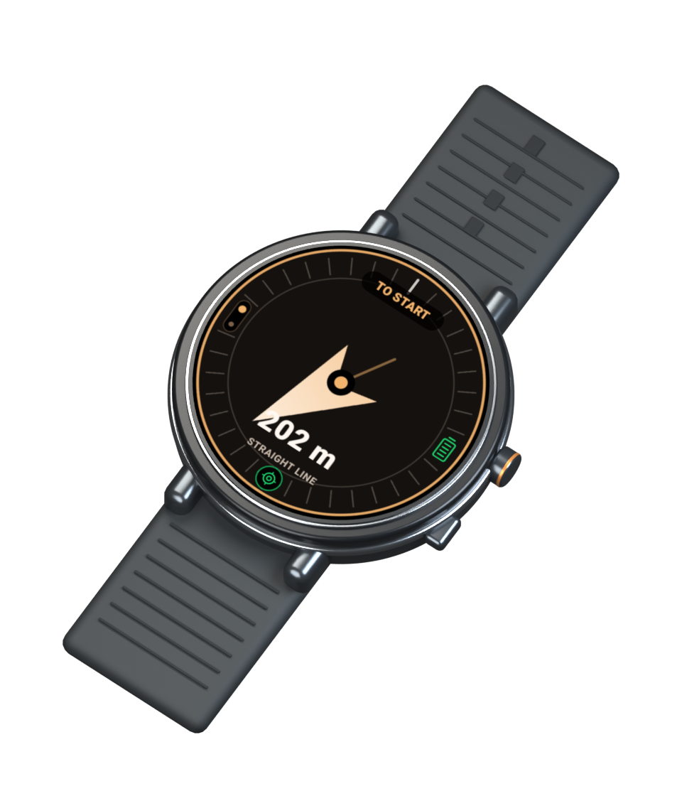 Three-dimensional watch mockup displaying GoBack's real direct-return compass, 202 metres from Start.