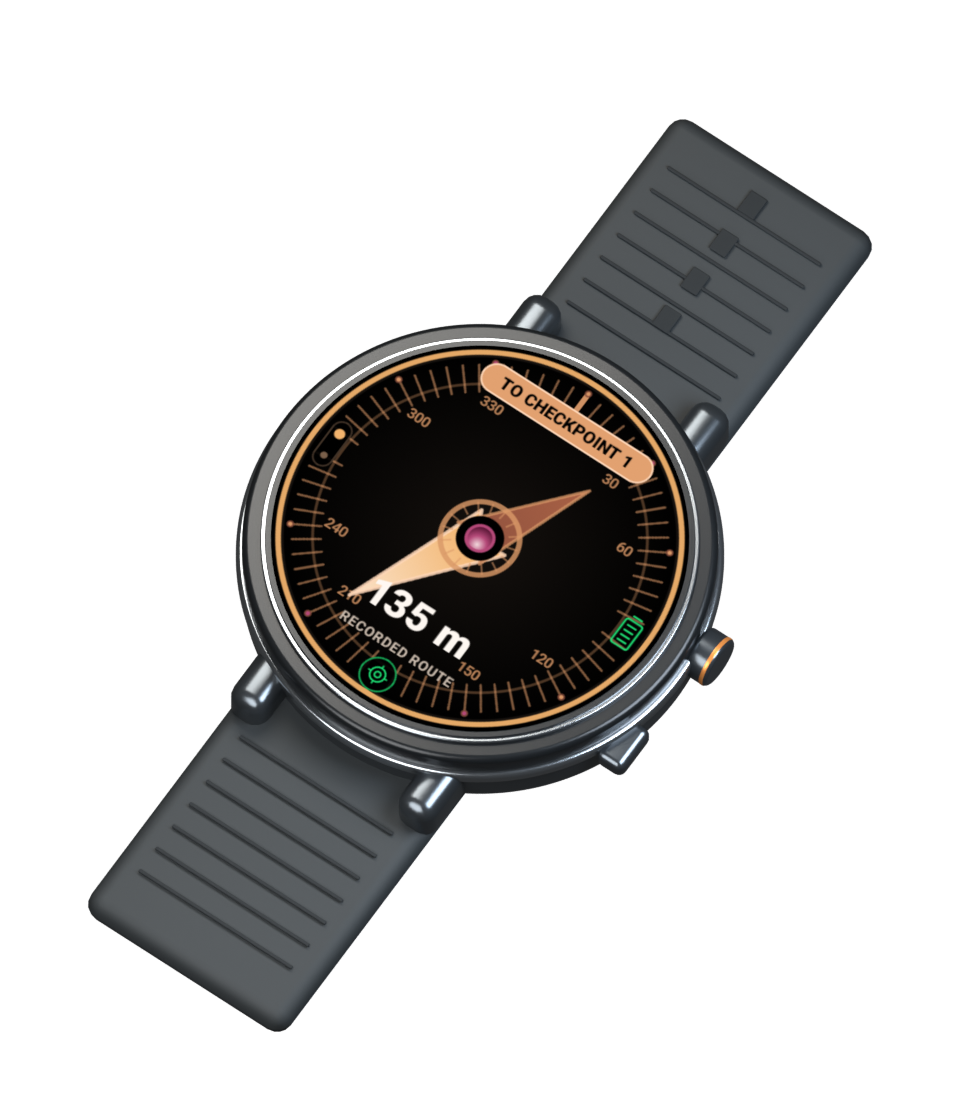 GoBack PRO's Mechanical compass on a graphite watch mockup.